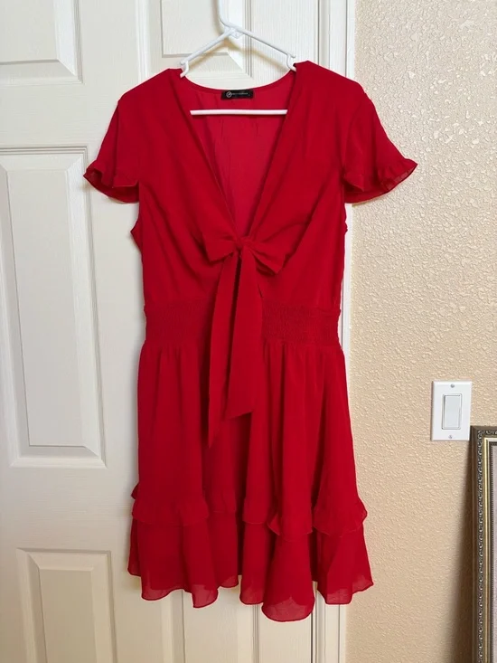 Red Tie-Front Ruffle Dress - Picture 2 of 12